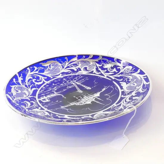 COBALT BLUE & SILVER PLATE PLATE WITH VENETIAN SCENE - SIGNED TO BASE DIA 290MM