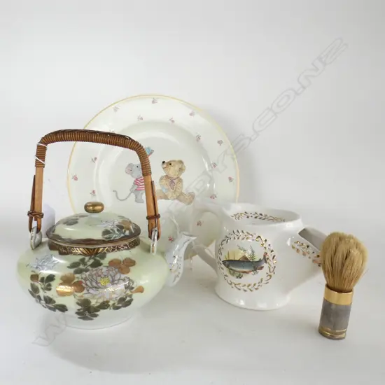 3 PCS CHINA; MIKASA CHILDRENS PLATE / ORIENTAL TEAPOT W BAMBOO HANDLE & OLD ENGLISH SHAVING MUG