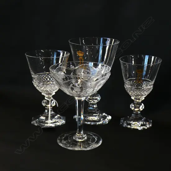 3 CUT CRYSTAL WINE GLASSES WITH GOLD MONOGRAMS - 3 SIZES 1 HAS SM CHIP TO BASE + CRYSTAL CHAMPAGNE GLASS ETCHED 1910