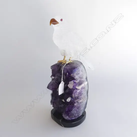 ROCK CRYSTAL CARVED EAGLE ON PURPLE AMETHYST BASE H.295mm