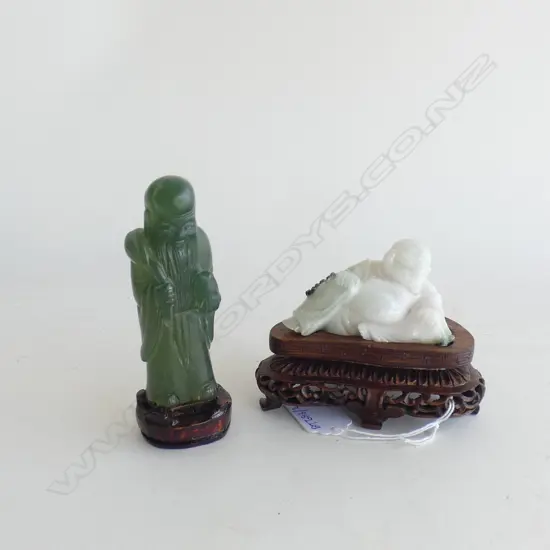 2 CARVED JADE ORIENTAL FIGURES; WHITE JADE BUDDHA ON STAND + WISEMAN H.115mm 