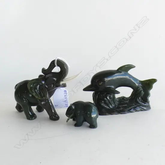 3 CARVED JADE ANIMALS, ELEPHANT, BEAR & DOLPHIN L.120mm