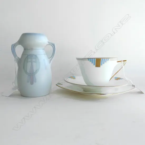 ROYAL DOULTON BLUE & GOLD ART DECO 'DUVAL' TRIO  + ART NOUVEAU VASE (H 125MM)