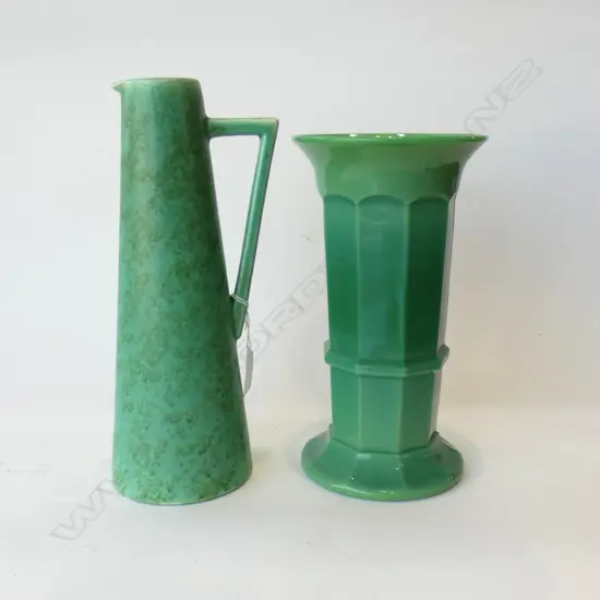 SUDLOWS BURSLEM 'ROYAL' DECO JUG H.290mm + DAVIDSON GREEN GLASS COLUMN VASE H.250mm