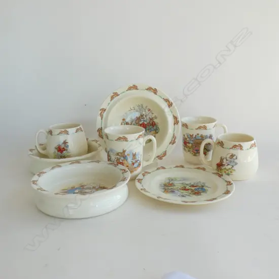 8 PCS ROYAL DOULTON BUNNYKINS; 4 ASST MUGS, 2 PORRIDGE BOWLS, 1 SM BOWL & PLATE 