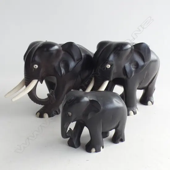 3 OLD EBONY & BONE TUSK ELEPHANTS