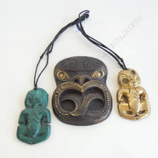 2 BRONZE MAORI TIKI PENDANTS + WHEKU FACE