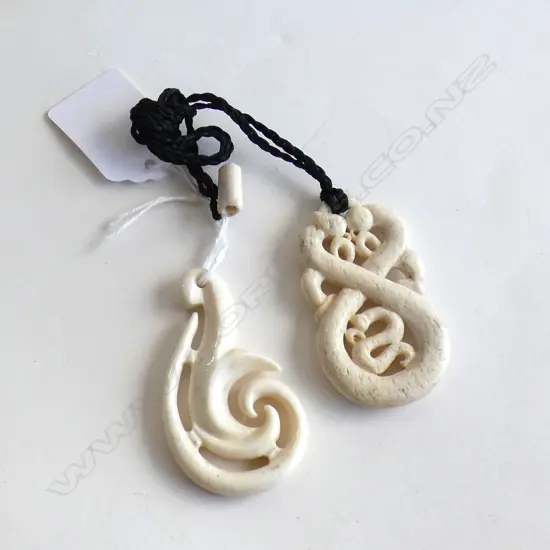 CARVED BONE DOUBLE MANAIA + HEI MATAU (FISH HOOK) PENDANTS