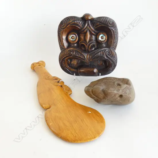 3 MAORI PCES; CARVED STONE, ALBERT POAI WHEKU HEAD, RESIN PATU L.370mm