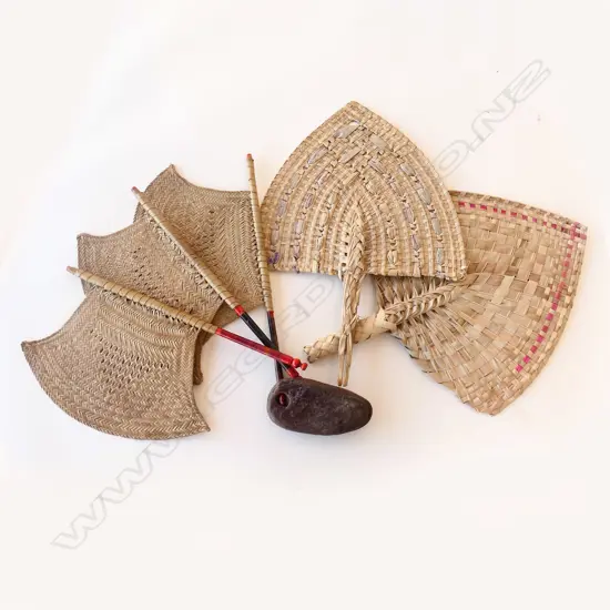 FIVE TOURIST PIECES; RAFFIA AXES & FANS + STONE SINKER, L.130mm
