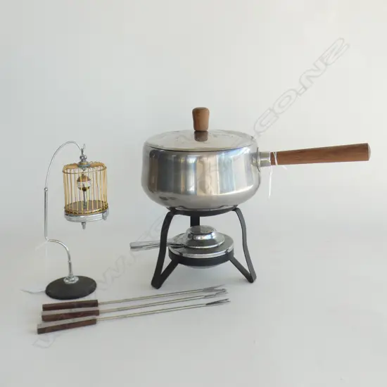 BIRD CAGE CLOCK W STAND (H 215MM) + RETRO STAINLESS STEEL FONDUE SET 