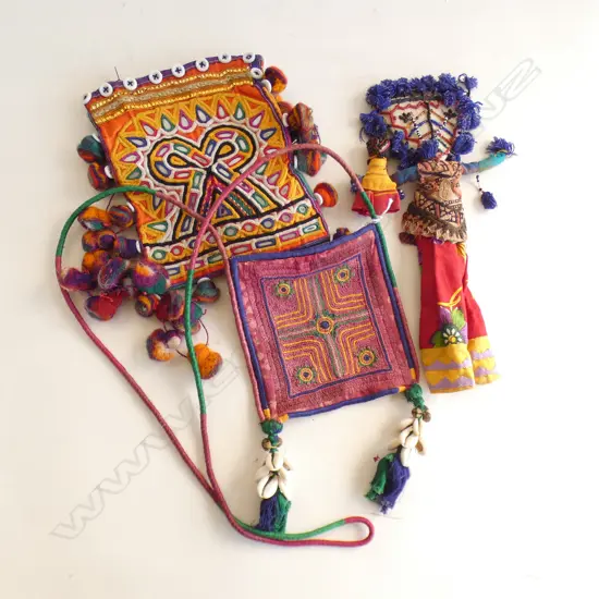 Two ethnic bags, patchwork doll and felted necklace