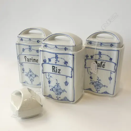 3 VINTAGE BLUE & WHITE FRENCH CANISTERS; FARINE / CAFE & RIZ H 200MM