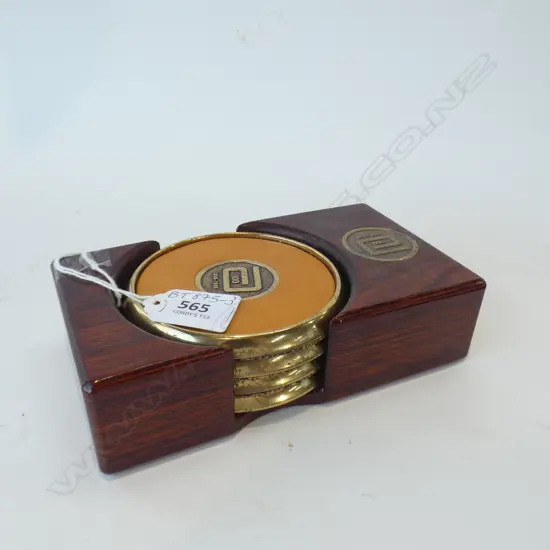 ORIENTAL 1888-1988 COPPER COASTERS WITH WOODEN HOLDER