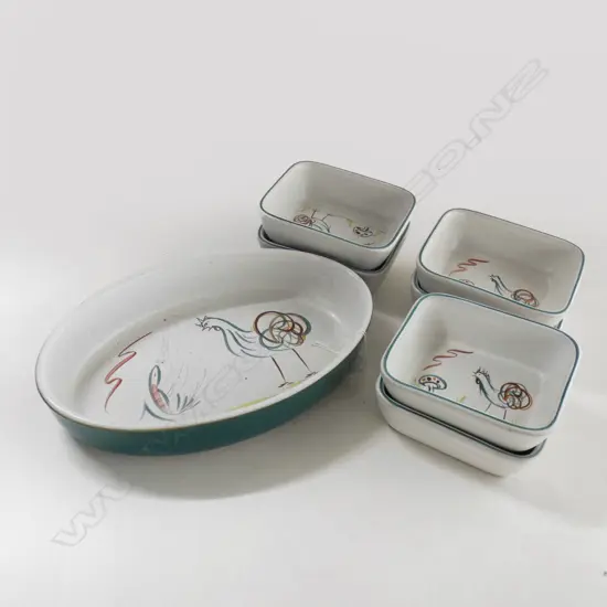 7 PC DENBY FLAIR ROOSTER STONEWARE OVAL DISH (L 265MM) + 6 SM INDIV. DISHES (125 X 105MM)