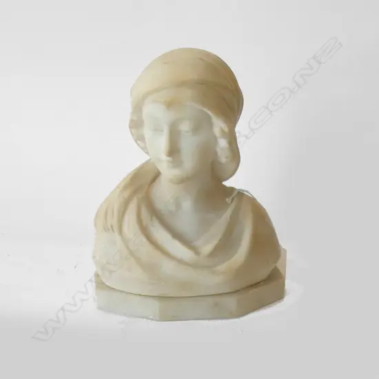 WHITE MARBLE BUST; YOUNG WOMAN w. HEAD SCARF H.205mm