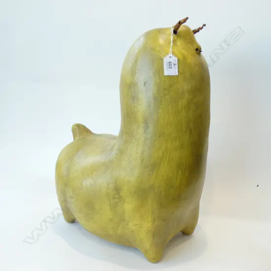 LG GREEN PAINTED ABSTRACT TERRACOTTA BULL SCULPTURE H. 460MM