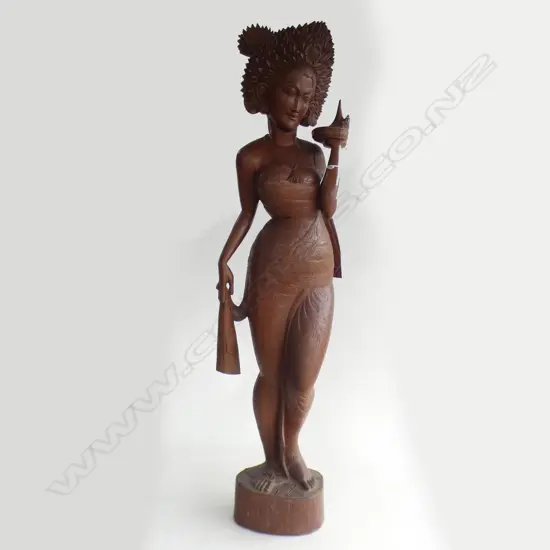 INDONESIAN HEAVY CARVED TEAK TALL LADY CARVING H.1100mm OLD REPAIR