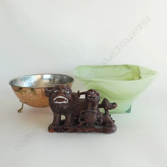 COPPER COLANDER, GREEN GLASS BOWL, ASIAN LION DOG CARVING W.220mm