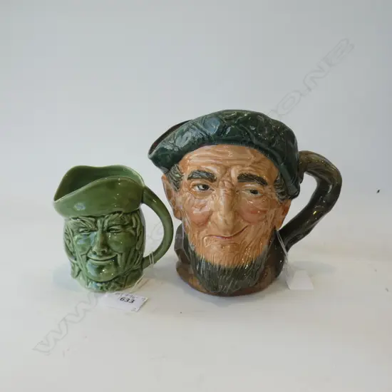 ROYAL DOULTON CHARACTER JUG H 165MM + CROWN LYNN GREEN CHARACTER JUG H 100MM