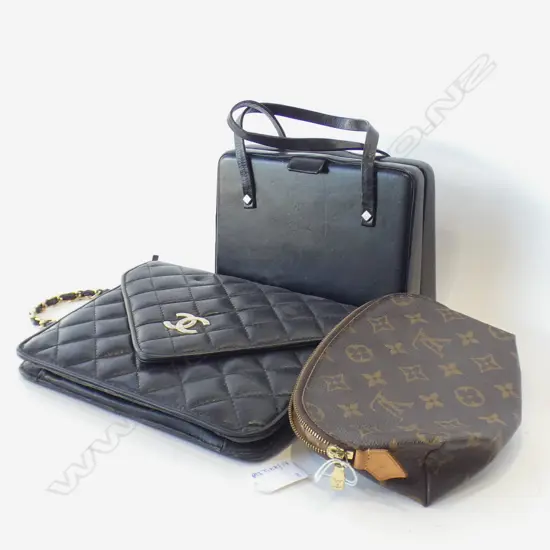 3 PURSES; FAUX CHANEL, LOUIS VUITTON (INTERIOR WORN) + CHARLES JOURDAN 