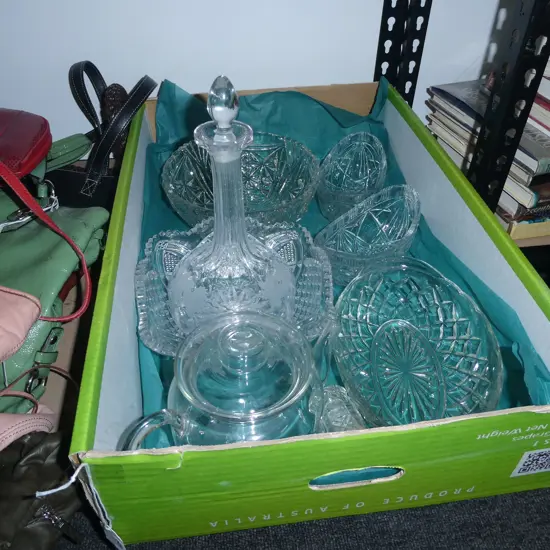 BOX LOT ASST. CRYSTAL, GLASS TEAPOT, VICTORIAN DECANTER (chips) H.265mm
