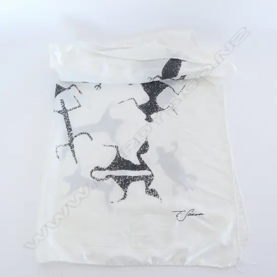 THEO SCHOON DECORATED SILK SCARF MAORI CAVE DRAWINGS