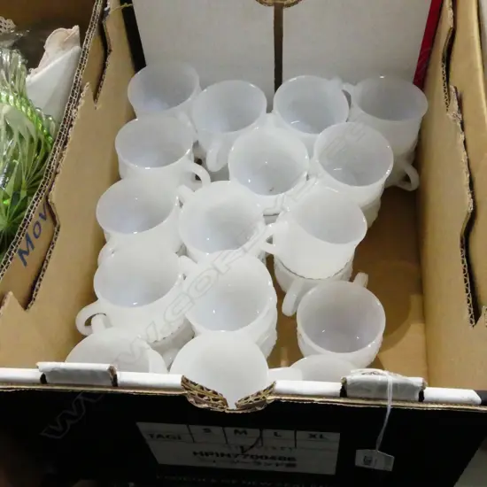 BOX 30 SM MILK GLASS EMBOSSED CUPS 