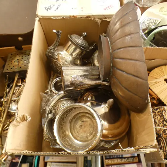BOX ASST VINTAGE SILVER PLATE INCL TEAPOTS / COFFEE POT ETC..