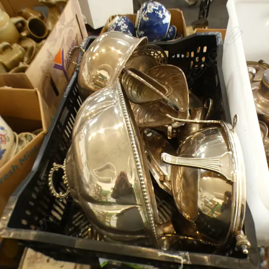 CRATE ASST VINTAGE SILVER PLATE INCL MEAT DOMES ETC..