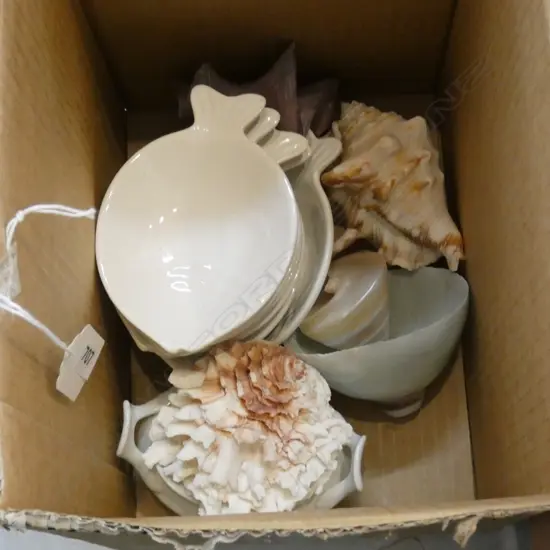 7 FISHSHAPED  DIPPING DISHES AND SMALL LIDDED TERRINE WITH 4 SHELLS