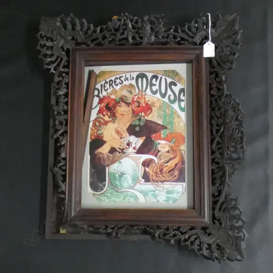 'BIERES DE LA MEUSE' FRENCH ADVERTISING POSTER - ORNATE BLACK FOREST WOODEN FRAME IS A/F  240 X 320MM