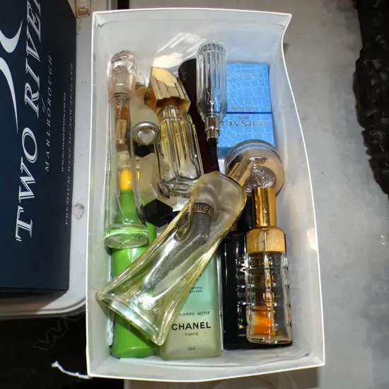 BOX LOT VINTAGE PERFUMES; CHANEL, VERSACE ETC