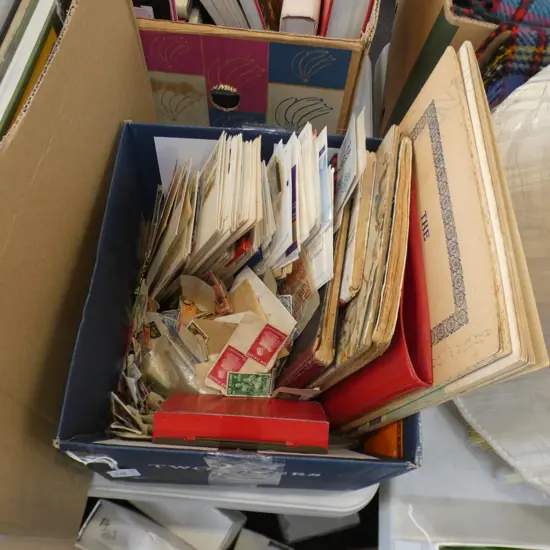 BOX LOT ASST. STAMPS; ALBUMS, LOOSE, FIRST DAY COVERS ETC