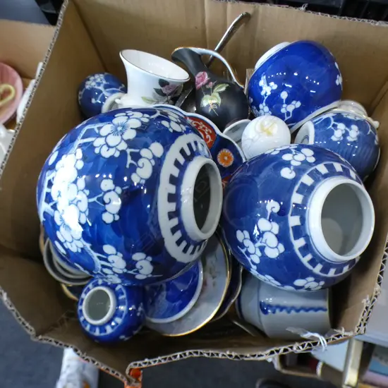 BOX LOT GINGER JARS, ASST. EP & CHINA