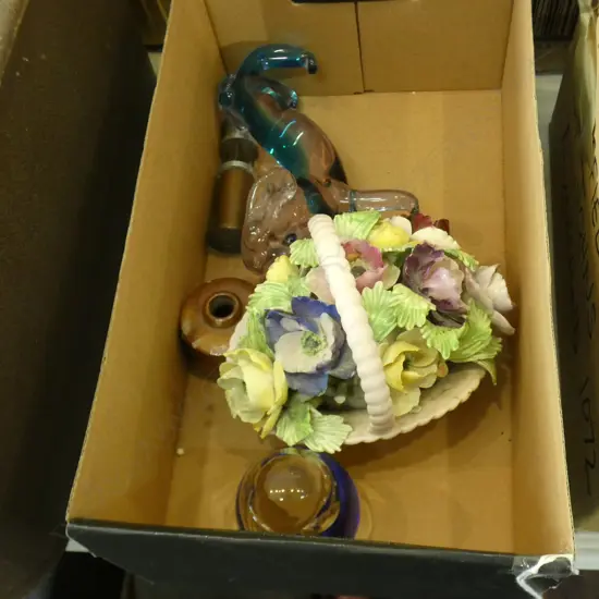 SM BOX MISC INCL GLASS ANIMAL, PAPERWEIGHT/ BRASS INKWELL, ETC..