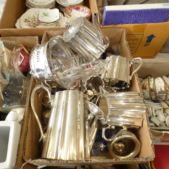 BOX LOT ASST. EP, SPOONS, TEA SET ETC