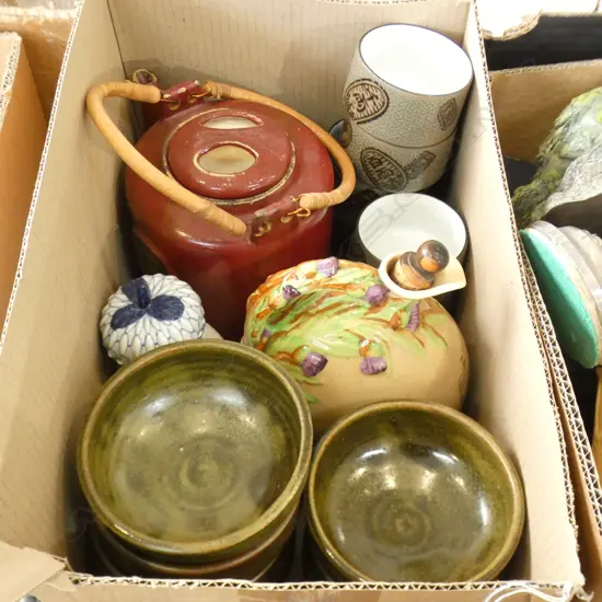 BOX ASST INCL JAPANESE TEA CUPS, LG JAPANESE TEAPOT, MUSICAL WHISKY DECANTER & POTTERY BOWLS ETC..