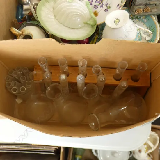 BOX OLD PYREX BEAKERS, TEST TUBES & WOODEN TEST TUBE STAND