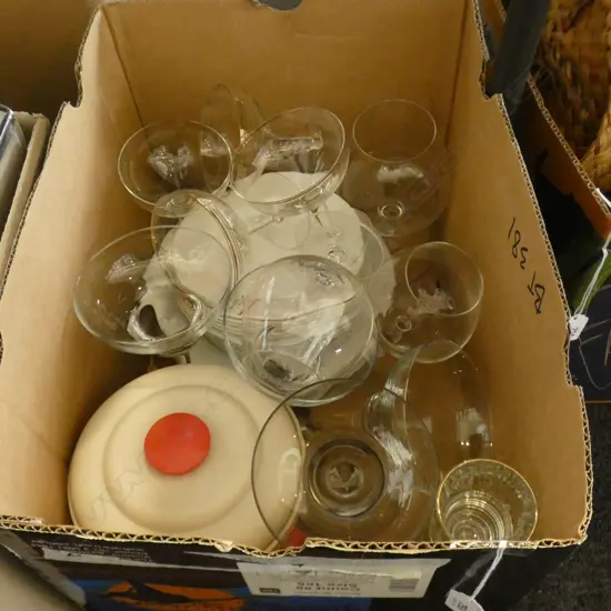 BOX ASST COCKTAIL & CHAMPAGNE GLASSES, DINNER WARE ETC.