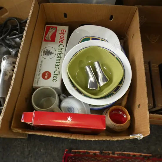 BOX MISC INC SPODE XMAS TREE DISH (IN BOX) 4 PCS MELA WARE, SELANGOR PEWTER S&P ETC..