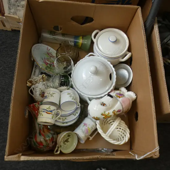 BOX ASST ART GLASS , CHINA, ORNAMENTS ETC..