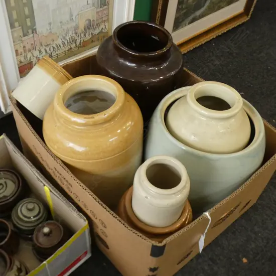 BOX LOT ASST. CROCKS; STONEWARE ETC