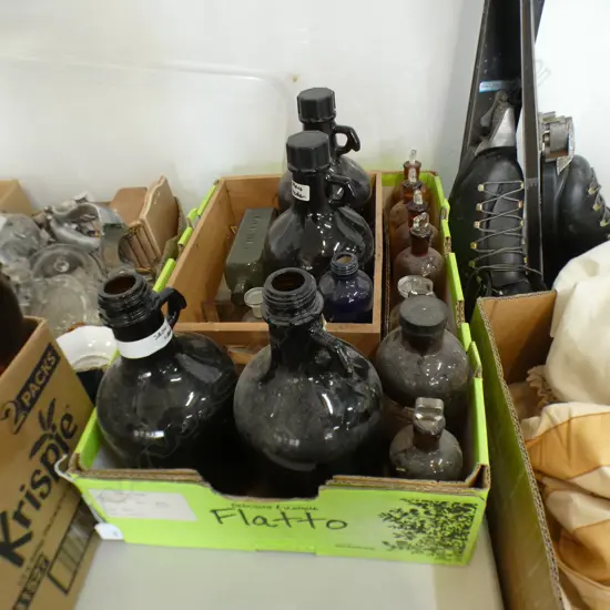 BOX LOT ASST. PHARMACY BOTTLES ETC