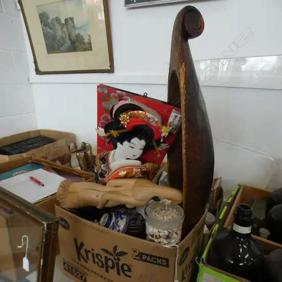 BOX LOT WOODEN VASE & LONG FRUIT BOWL, EP JUG, JAPANESE FAN WOMAN ETC