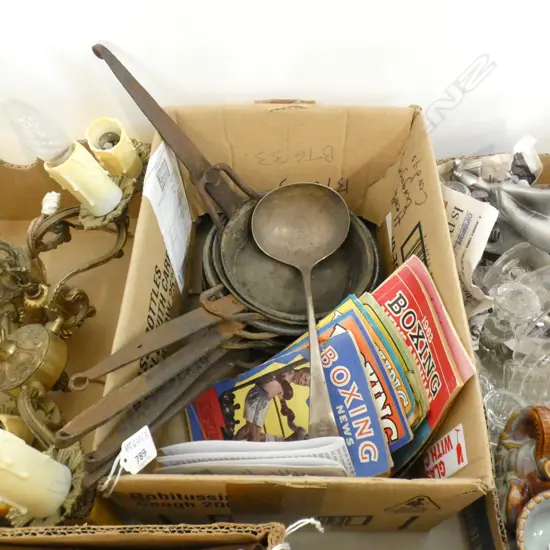 BOX LOT 5 VINTAGE PANS, BOXING MAGAZINES, EP LADLE (AUCKLAND COFFEE HOUSE)