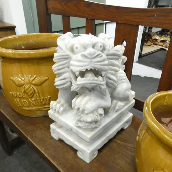 WHITE/GREY MARBLE CARVED FU DOG CARVING H.380mm