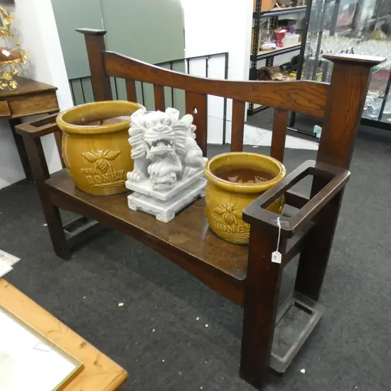 ARTS AND CRAFTS OAK HALL SEAT AND UMBRELLA STAND 1350 x 460 x 1050mm