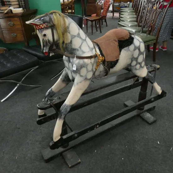 LG DAPPLED GREY WOODEN ROCKING HORSE L 1300 H 1130MM