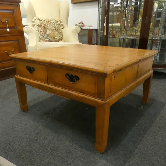CHINESE FINE PALE WOOD LOW SQUARE TABLE w 4 DRAWERS 870 x 870 x 500mm